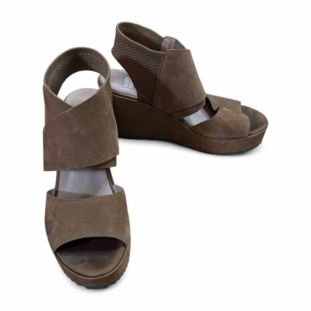 Eileen Fisher Brown Suede Mesh Open Toe Wedge Sandals Slip On US 10